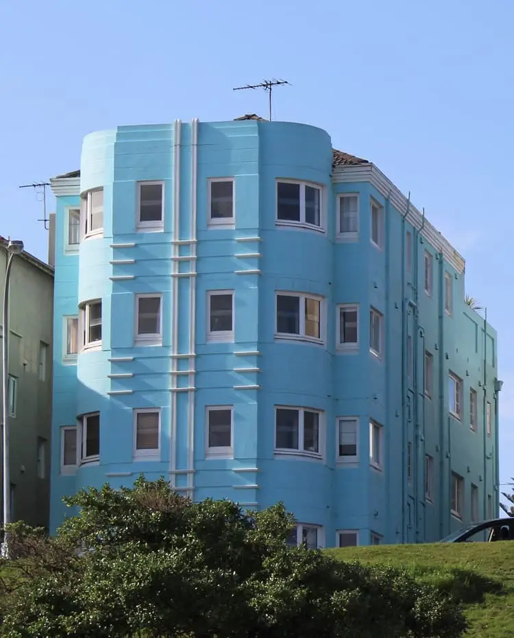 A blue art deco apartment block at Bondi Beach in Sydney.