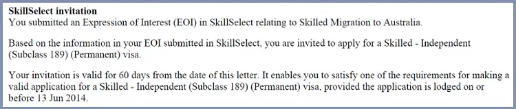 SkillSelect screenshot from an invitation to apply for a 189 visa.