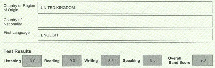 A UK expat's IELTS scores (superior, band 9) for Australian skilled migration.