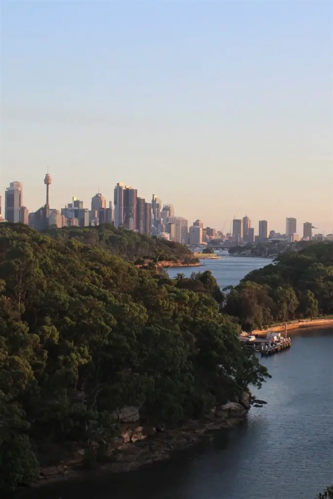 Sydney skyline viewed across natural bushland from Greenwich.