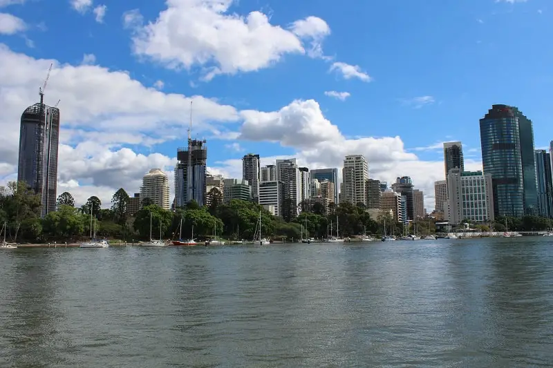 A sunny day in Brisbane, Australia, looking across the river at tall buildings.