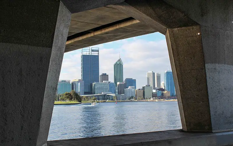 Perth CBD and the Swan River, viewed through a bridge to South Perth.