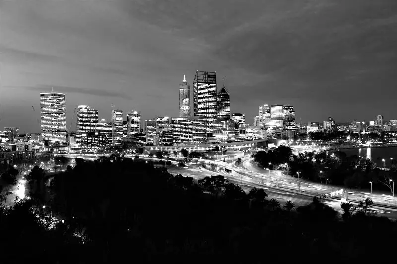 Black and white picture of Perth CBD at night.