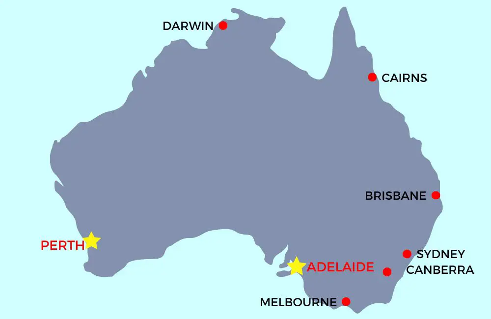Map of Australia showing Perth and Adelaide.