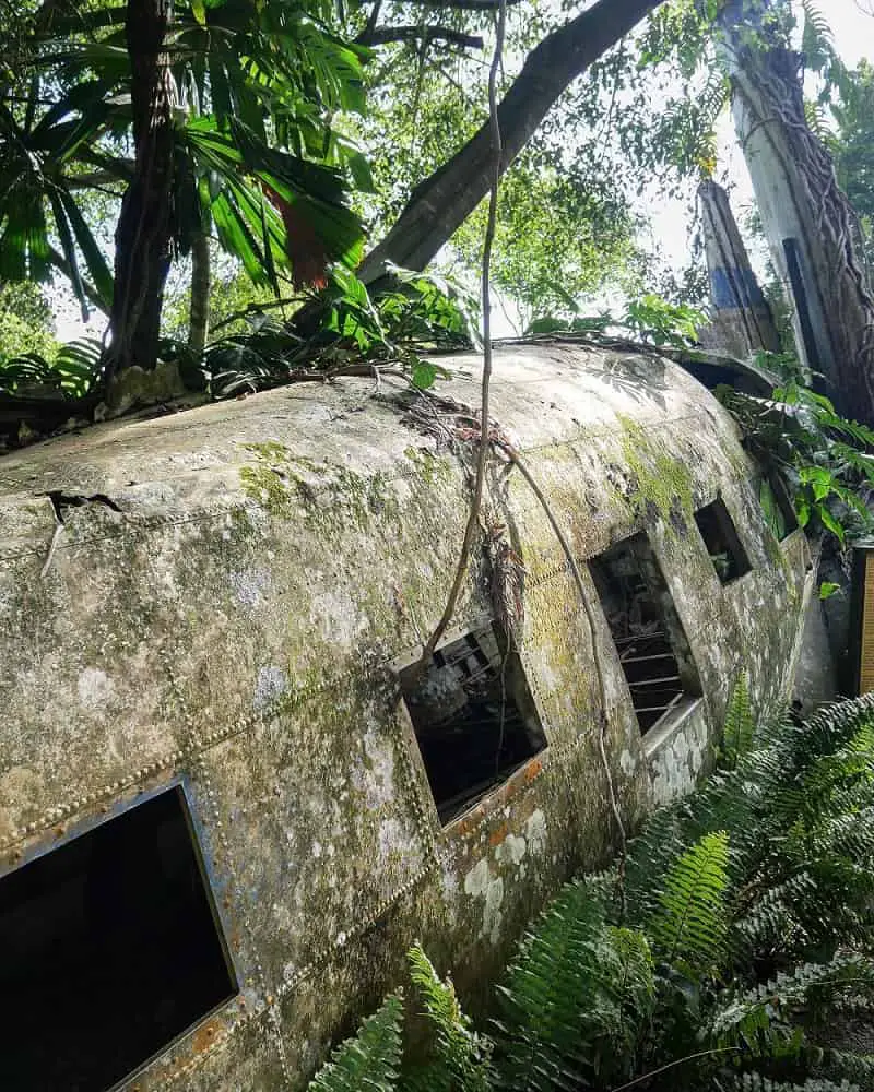 The wreckage of the plane used in the 1984 movie Sky Pirates, on display in a rainforest in Kuranda near Cairns, Australia.