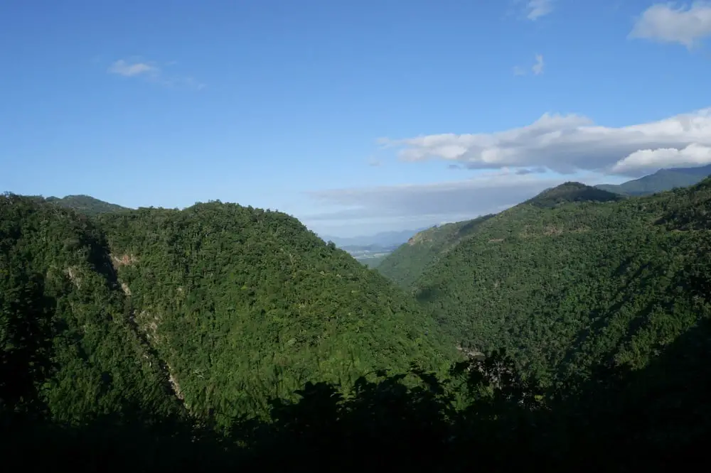 Beautiful rainforest and mountain view from Kuranda Scenic Rail in Far North Queensland.