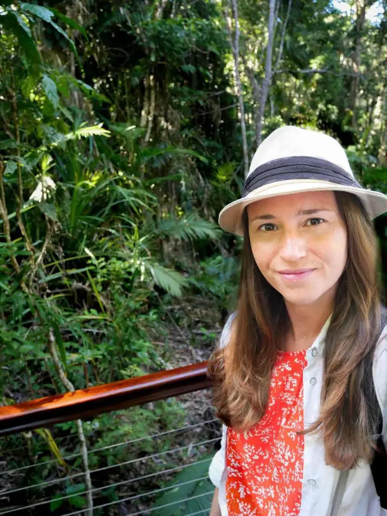 English travel blogger, Lisa Bull, on the Red Peak rainforest walk along the Cairns skyrail.