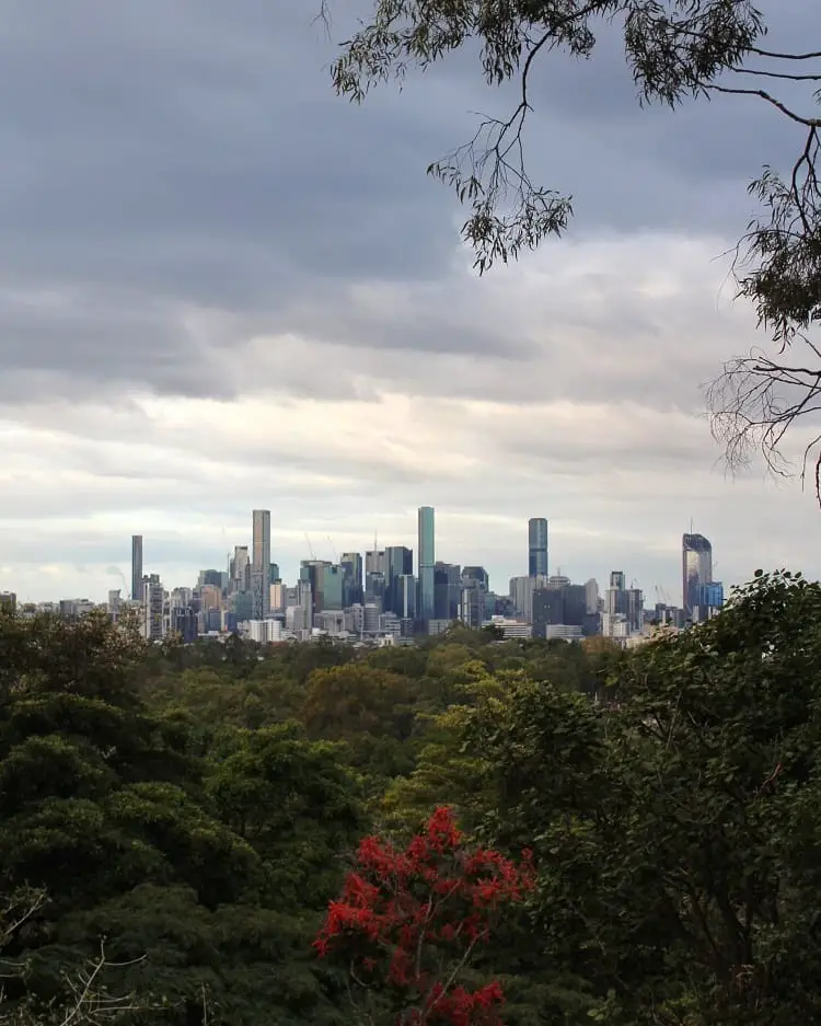 Stormy skies over Brisbane CBD viewed from the Botanical Gardens.