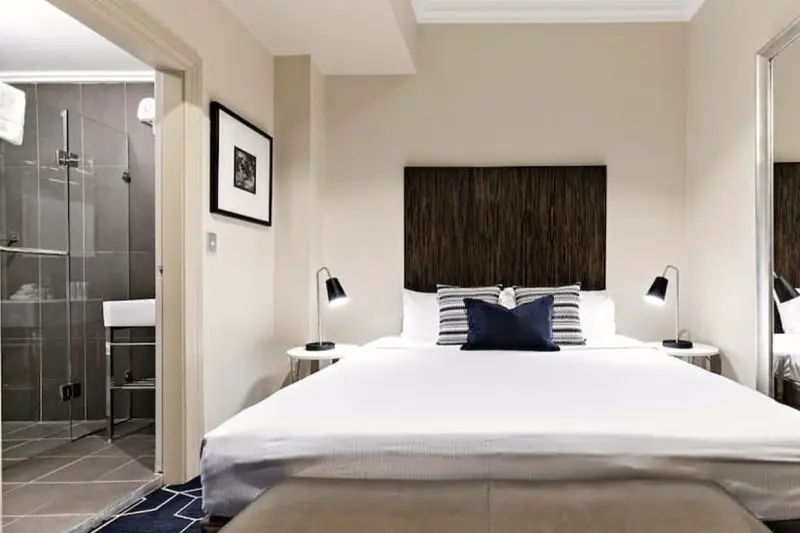 Contemporary double room and ensuite in The Bayswater Sydney Hotel, Kings Cross.