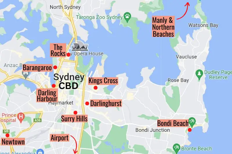 Map of the best places to stay in Sydney for tourists.