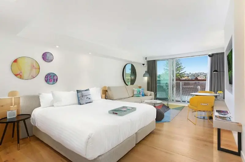 Funky room at luxury aparthotel QT Bondi at Bondi Beach in Sydney.