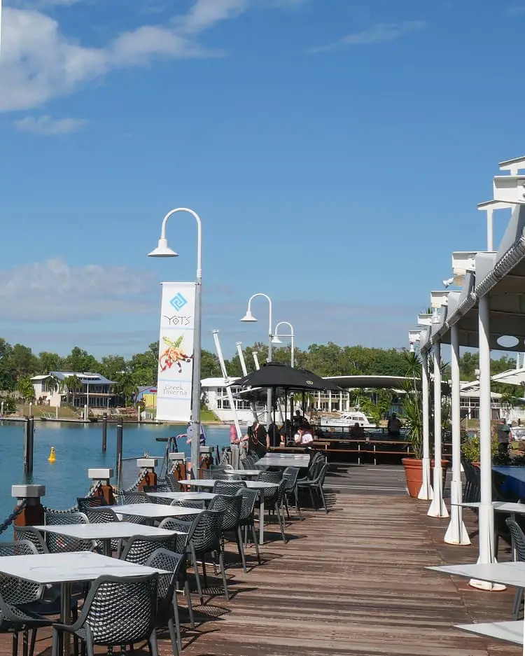 Waterfront restaurants at Cullen Bay Marina in Darwin.