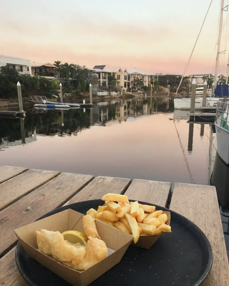 Fish and chips on a bench at Tipperary Waters Marina in Darwin, from Frying Nemo.