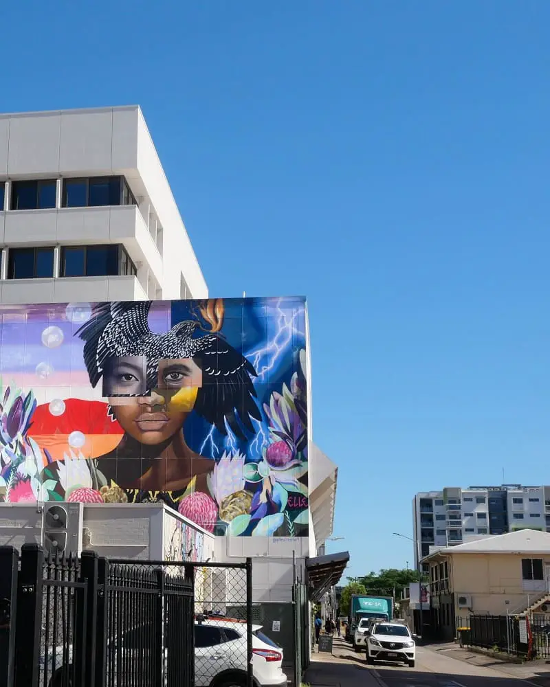 Brightly coloured street art on Austin Lane in Darwin CBD.