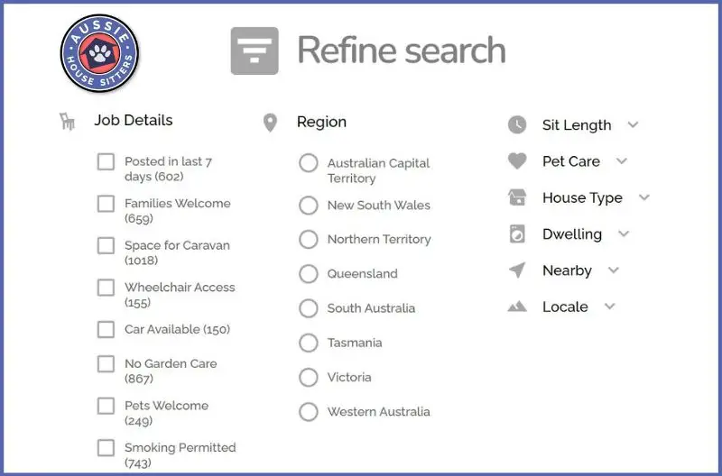 List of house sit search filters on Aussie House Sitters, the best house sitting website in Australia.