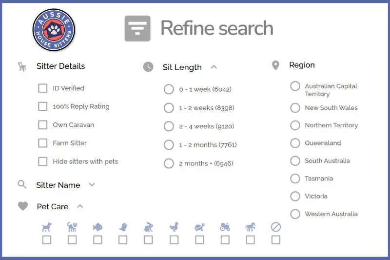 List of search filters that homeowners can apply on Aussie House Sitters.