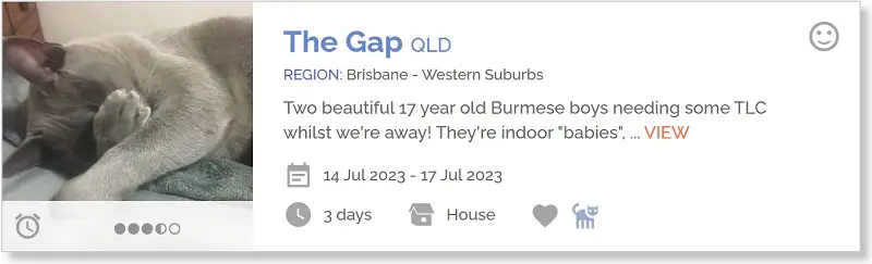 Example of a house sit advert on Aussie House Sitters search results.