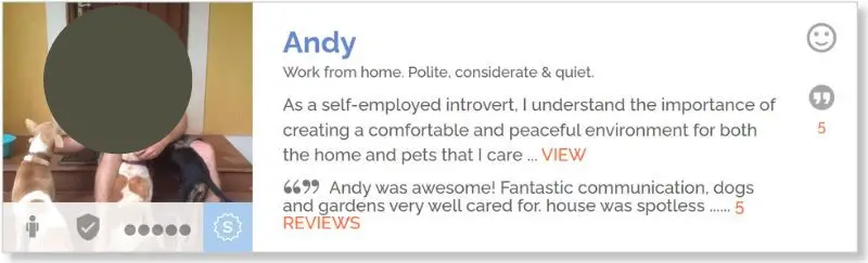 Example of a house sitter profile snippet in Aussie House Sitter search results.