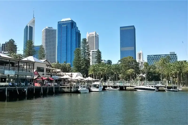 Bars and tall buildings by the Swan River in Perth city.