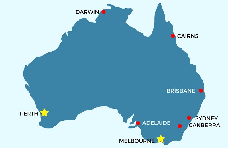 Map of Australia with Perth and Melbourne highlighted.
