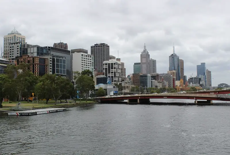 Melbourne CBD and river on a cloudy day.