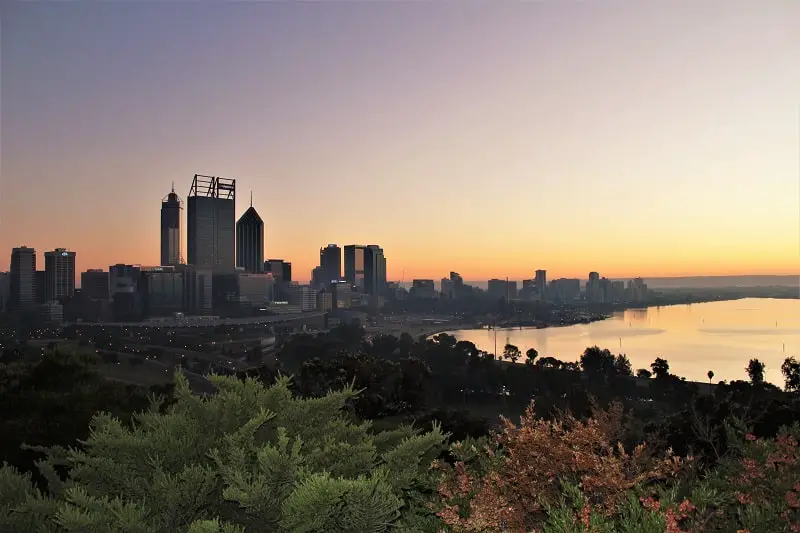 Sunrise with the Perth skyline behind viewed from Kings Park.