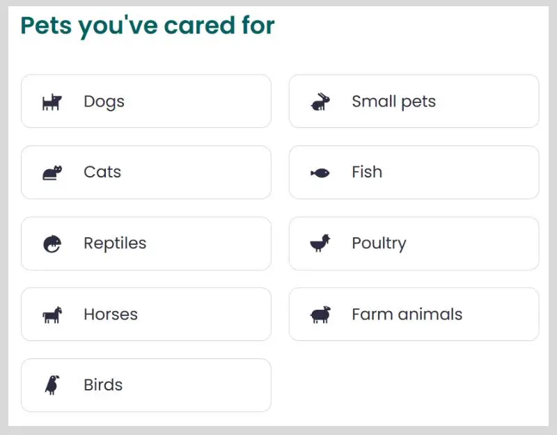Selecting your experience of caring for different types of pets on Trusted Housesitters.