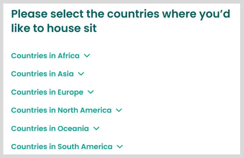Selecting countries to house sit in on Trusted Housesitters.