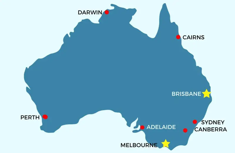 Map of Brisbane and Melbourne in Australia.