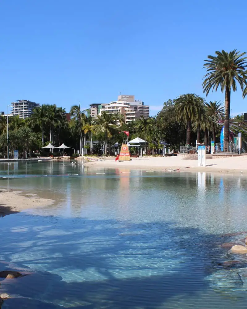 Streets Beach and lagoon, Brisbane, on a sunny day.