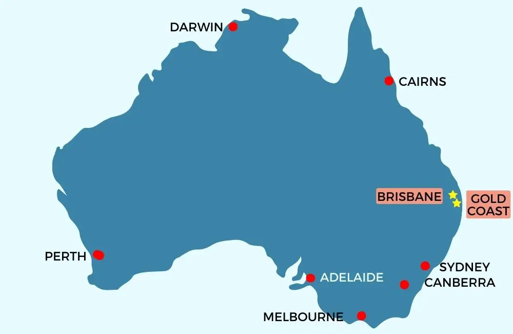 Map of Gold Coast and Brisbane, Australia.